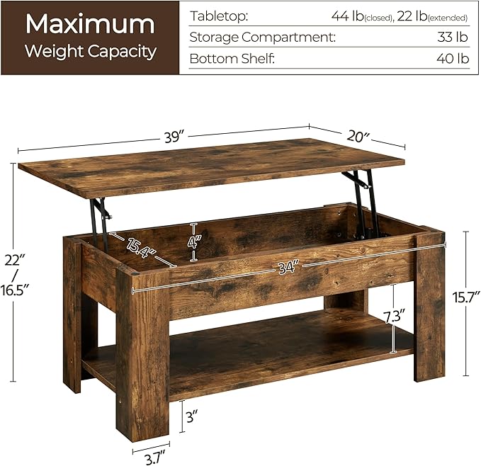 Yaheetech Coffee Table, Lift Top Coffee Table with Large Hidden Storage Shelf, Lift Tabletop Dining Table for Living Room, Home Small Space, 38.6in, Rustic Brown