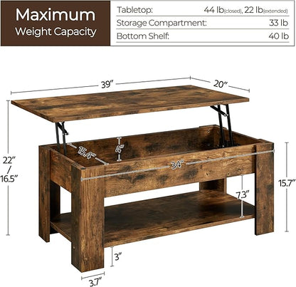 Yaheetech Coffee Table, Lift Top Coffee Table with Large Hidden Storage Shelf, Lift Tabletop Dining Table for Living Room, Home Small Space, 38.6in, Rustic Brown