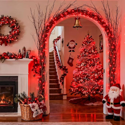 JMEXSUSS 33ft 100 LED Red Christmas Lights, Connectable 8 Modes Room String Light Indoor Plug-in, Clear Wire Red Christmas Tree Lights Outdoor Waterproof for Xmas Bedroom, Party