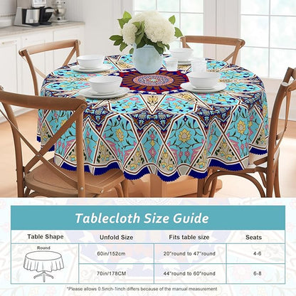 Eikione Boho Round Tablecloth 70inch, Tablecloth Waterproof and Wrinkle-Free, Boho Table Covers, Summer Decorations for Home