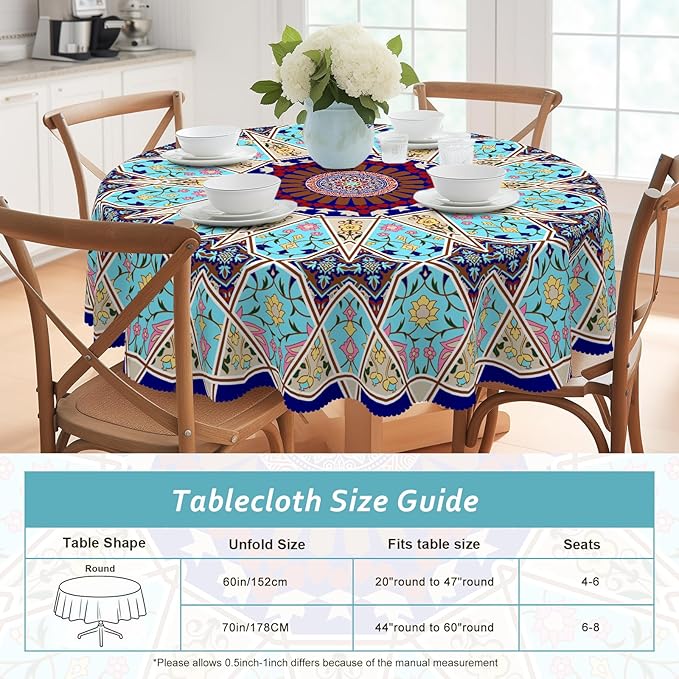Eikione Boho Round Tablecloth 60inch, Tablecloth Waterproof and Wrinkle-Free, Boho Table Covers, Summer Decorations for Home
