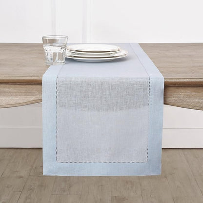 Solino Home Linen Light Blue Table Runner 144 Inches Long - 100% Pure Linen Extra Long Table Runner 14 x 144 Inch for Winter, Christmas, New Year - Classic Hemstitch