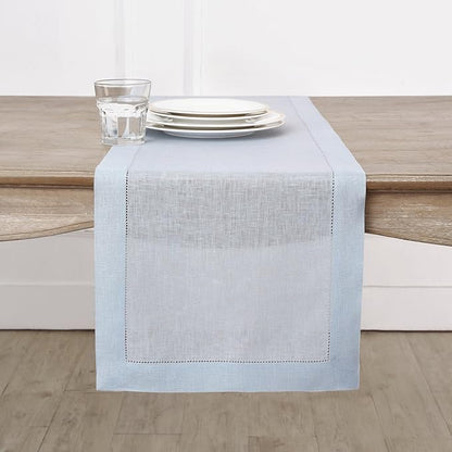 Solino Home Linen Light Blue Table Runner 60 Inches - Classic Hemstitch, 100% Pure Linen Coffee Table Runner 14 x 60 Inch Ideal for Dresser Tables, Christmas, New Year