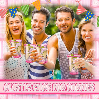 Haawooky 100 Pcs 16 oz Disposable Pink Plastic Cups,Neon Glowing Plastic Party Cups,Bulk Pink Clear Wine Glasses for Valentines Birthday Wedding Bachelorette Party