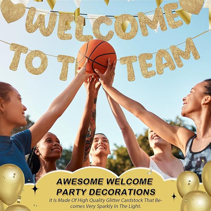 Fulmoon Pre Strung Welcome to The Team Banner with Two Heart Signs, NO DIY, Glitter Welcome Party Supplies for New Employee, Coworker, Colleague, Staff, Team Member Office Decorations(Champagne Gold)