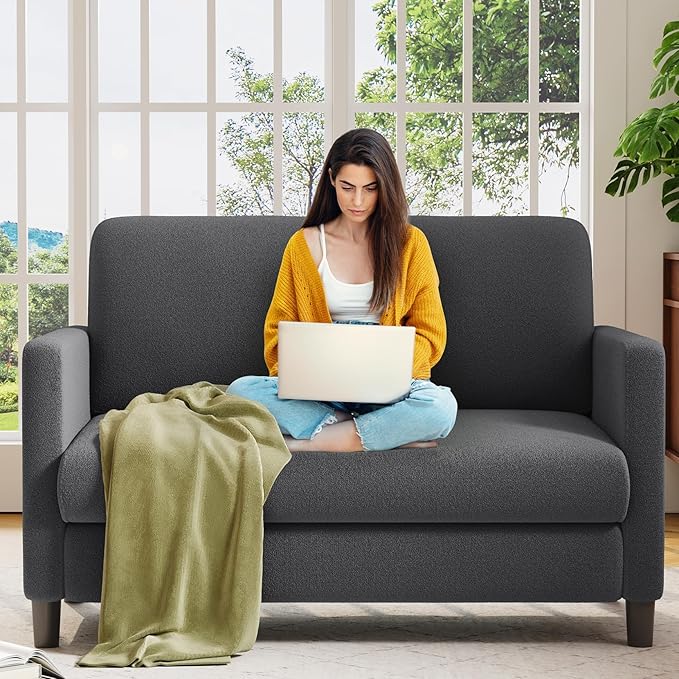 Loveseat Sofa, 51" Love Seat, Comfy Teddy Small Loveseat for Small Spaces, Tool-Free Setup Sofa Couch for Bedroom, All-Wood Couches for Living Room, No Pillow Included, Grey