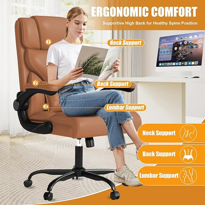 Executive Office Chair with Flip-up Armrests,Ergonomic Computer Desk Chairs,Mid-Tall Back Leather Office Chair 400 Lbs,Lumbar Support Swivel PC Chair with Rocking Function