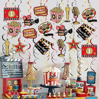 Movie Night Hanging Swirl Set Party Decorations, 48 Pcs, Hollywood Theme with Popcorn Trophy Microphone Film Reel Party Supplies Sign, Red Black Gold