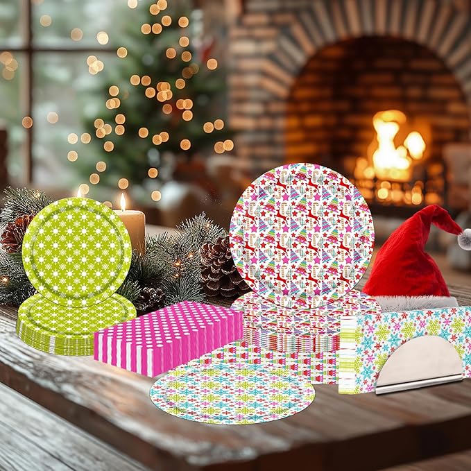 Christmas Party Decorations Tableware - 60pcs Plates and Napkins, Disposable Trees, Elk, Snowflakes Paper Plates, Xmas Dinner Napkins for Winter Holiday Party Supplies