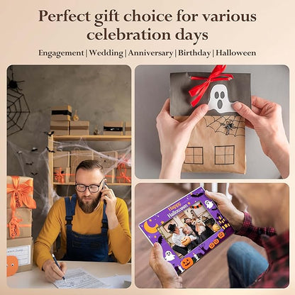 Halloween Picture Frame, 4×6 Pumpkin Wooden Photo Frame for Home Decor Tabletop Display, Cute Ghost Gifts for Family Friends - A02