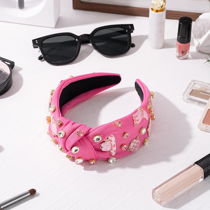 PANTIDE Western Jeweled Knotted Headband - Cowgirl Boots Hat Rhinestone Crystal Embellished Headband Wide Top Knot Fashion Hairband Hair Accessories Birthday Gift for Cowboy Women Girls (Hot Pink)