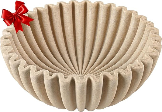 12" Extra Large Decorative Bowl – Modern Handmade Bowls for Home Decor, Decorative Fruit Bowl for Kitchen Counter, Ruffle Decor, Stylish Key Bowl for Entryway Table, Beige Artificial Stone