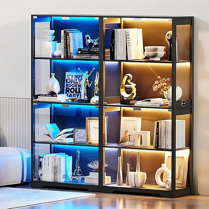 Display Cabinet with Glass Doors, 4-Tier Curio Cabinet with 3 Color Lights for Collectibles, Glass Display Case with Human Body Sensor, Bookcase with 4 Shelves, Storage Cabinets, Black