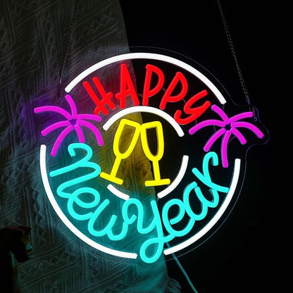 Happy New Year Neon Sign with Dimmable Champagne Glasses Fireworks LED Neon Light for New Years Eve Party Light Up Wall Decor Neon Sign for Home Bar Photo Background Holiday Gift