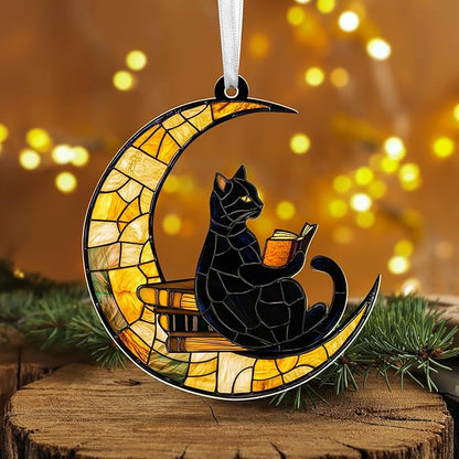 FLAGWIX Christmas Book Lovers Gifts for Readers - Acrylic Christmas Ornaments 2025 - Reading Nerd Librarian Bookish Gifts for Book Lovers, Black Cat Gift, Cat Decor Ornament for Christmas Decorations