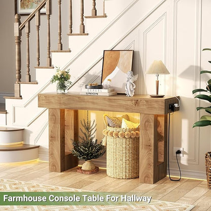 Unikito 47" Entryway Table with Socket and Sensor Light, Narrow Console Table with Storage Behind Couch, Farmhouse Entry Way Tables with Open Storage for Entrance/Hallway/Living Room, Natural Oak