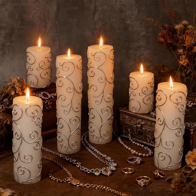 6-Pack Elegant Pillar Candles with Embossed Silver Patterns for Home Decor & Cozy Ambiance, Vintage White Candles (2x3/6/8 Inch), Dripless Smokeless Clean-Burning for Table, Mantel, Holidays