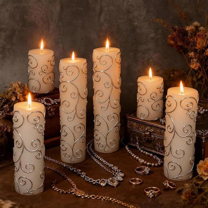 6-Pack Elegant Pillar Candles with Embossed Silver Patterns for Home Decor & Cozy Ambiance, Vintage White Candles (2x3/6/8 Inch), Dripless Smokeless Clean-Burning for Table, Mantel, Holidays
