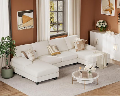 JUMMICO Sectional Couches for Living Room, U Shaped Couch with Chenille Fabric, 4 Seat Modern Sofa with Removable Pillows for Apartment and Small Space (Fabric, White)