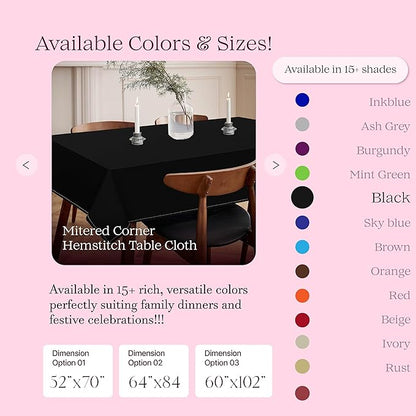 Black Cotton Table Cloth, 60x86 Inch, Fits 6-8 Seats, Soft, Durable, Washable, Wrinkle Resistant, Rectangle Tablecloth for Dining, Formal Dinner, Party Decor, Events, All Seasons