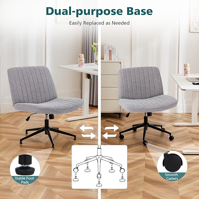 OLIXIS Criss Cross Chair with Wheels Wide Cross Legged Office Desk Vanity Chair Comfy Fabric Armless Adjustable Swivel for Home Computer Task Gray