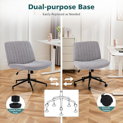 OLIXIS Criss Cross Chair with Wheels Wide Cross Legged Office Desk Vanity Chair Comfy Fabric Armless Adjustable Swivel for Home Computer Task Gray