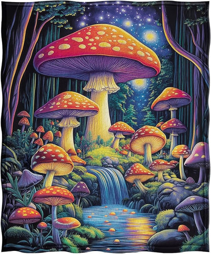 Jekeno Colorful Mushroom Forest Blanket Gifts for Women Kids Girls Boys Mom Wife Female Friends Halloween Birthday Fantasy Starry Sky Stream Home Bedroom Room Decor Throw 60"x80"