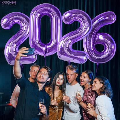 Katchon, Giant Purple 2026 Balloons - 42 Inch | Happy New Year Balloons | 2026 Balloon Numbers | Silver Balloon for New Years Decorations 2026 | NYE Decorations | New Years Eve Party Supplies 2026