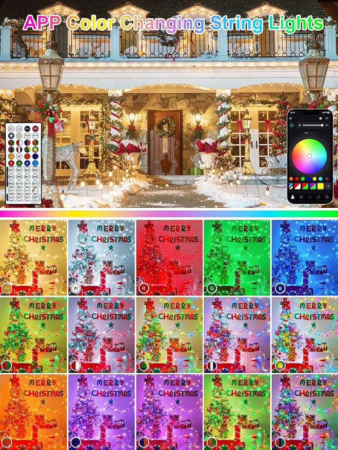 Smart Color Changing Christmas Lights with Remote & App Control, 198FT 600 LED RGB String Lights with Timer, Music Sync Multiple Modes Twinkle Christmas Tree Light Waterproof Indoor Outdoor Xmas Decor