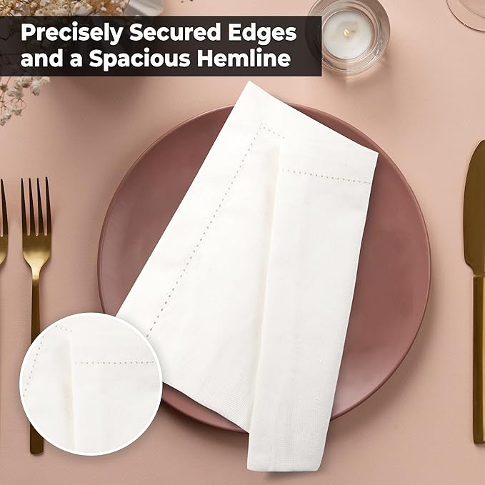Urban Villa Cloth Napkins Ivory Hemstitch Dinner Napkins Set of 12 (20X20) 100% Cotton Absorbent Washable Durable Reusable Ideal for Hotel Collection Christmas Parties Restaurant Lunch Dinner Napkins