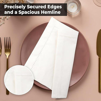 Urban Villa Cloth Napkins Ivory Hemstitch Dinner Napkins Set of 12 (20X20) 100% Cotton Absorbent Washable Durable Reusable Ideal for Hotel Collection Christmas Parties Restaurant Lunch Dinner Napkins