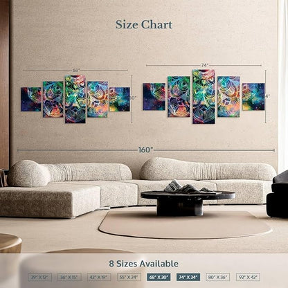 ElephantStock - Celestial Mandala Wall Art - Horizontal Multi Panel Canvas - 5 Piece Living Room Wall Decor - Digital Art Elements Multi Piece Wall Art - Turquoise And Blue Decor - 68" x 30"