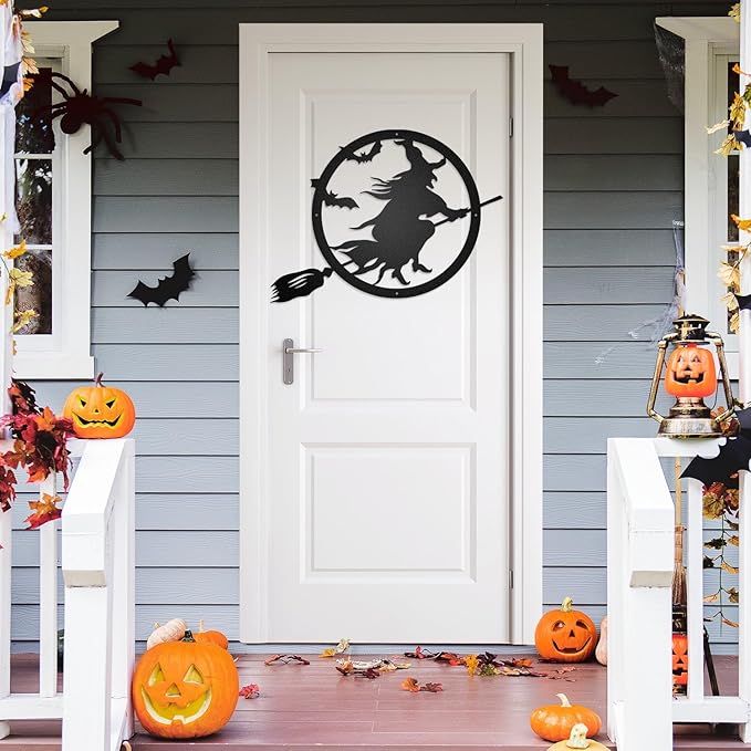 RealSteel Witch Halloween Decoration - Metal Broom Riding Décor - Scary Indoor Outdoor Wall Sign for Haunted Houses - Wicked Witch Flying Porch Art - Flying Bats Front Door Art (12, Orange)