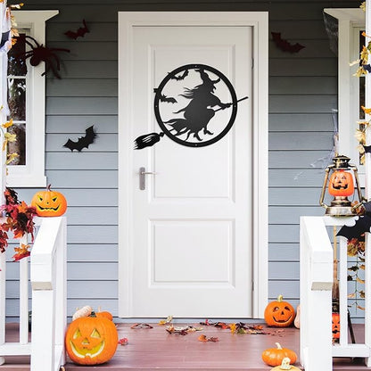 RealSteel Witch Halloween Decoration - Metal Broom Riding Décor - Scary Indoor Outdoor Wall Sign for Haunted Houses - Wicked Witch Flying Porch Art - Flying Bats Front Door Art (12, Orange)