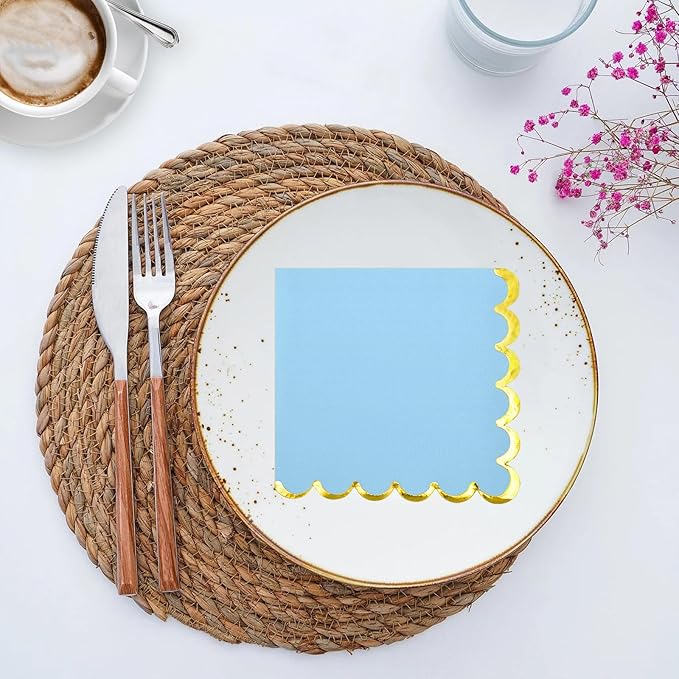 200 Pack Blue Paper Napkins Gold Foil Scalloped Cocktail Napkins Blue Disposable Beverage Napkins for Blue Themed Party Supplies Birthday Baby Shower Wedding Dinnerware Tableware Decorations