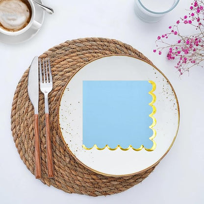 200 Pack Blue Paper Napkins Gold Foil Scalloped Cocktail Napkins Blue Disposable Beverage Napkins for Blue Themed Party Supplies Birthday Baby Shower Wedding Dinnerware Tableware Decorations