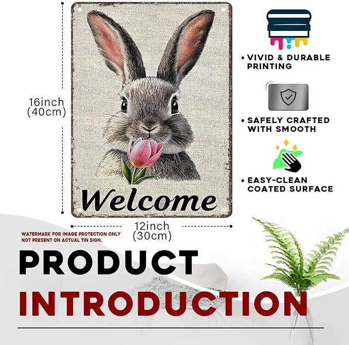 Easter Bunny Tin Sign Retro Tulips - Fun and Metal Sign for Homes Bedrooms Gardens Hallways Parties Spring Decorations 12x16Inch