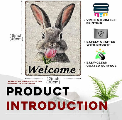 Easter Bunny Tin Sign Retro Tulips - Fun and Metal Sign for Homes Bedrooms Gardens Hallways Parties Spring Decorations 12x16Inch