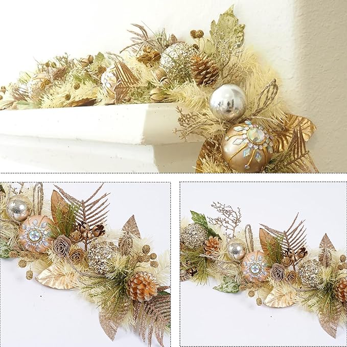 5 ft Christmas Garland for Mantle Unlit Garland for Stairs Railing, Banister, Staircase, Fireplace, for Table No Light, Garland Decor Frosted Red Poinsettia Holiday Tree (Sage Green Gold)