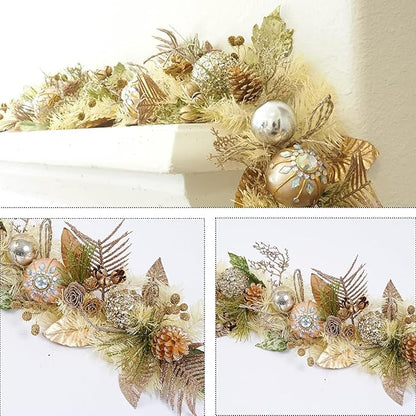 5 ft Christmas Garland for Mantle Unlit Garland for Stairs Railing, Banister, Staircase, Fireplace, for Table No Light, Garland Decor Frosted Red Poinsettia Holiday Tree (Sage Green Gold)