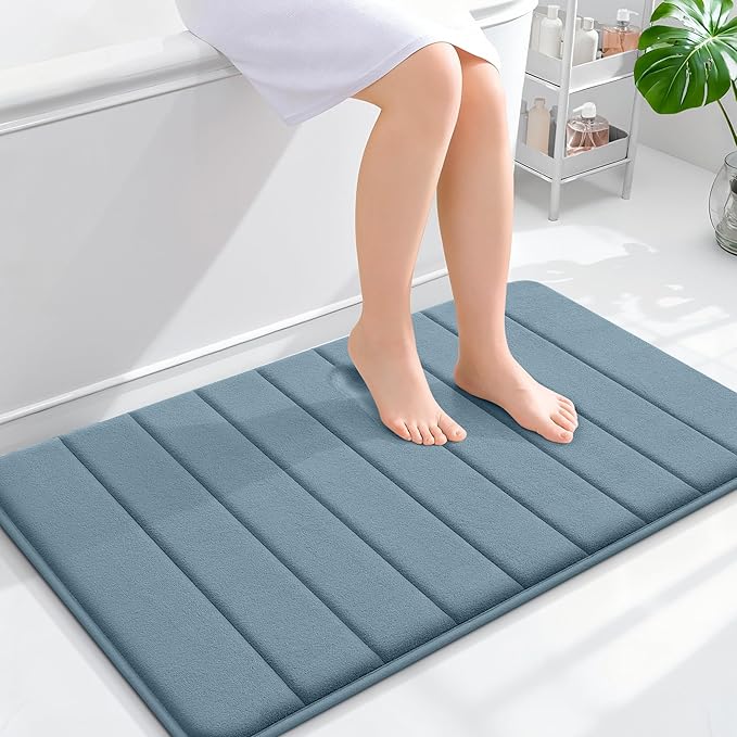 OLANLY Memory Foam Bath Mat 36x24, Super Soft Absorbent Bathroom Rugs, Quick Dry, Machine Washable Shower Floor Rugs, Bathmat Carpet, Bathroom Home Decor Accessories, Airy Blue