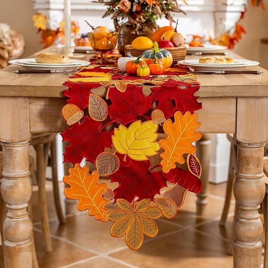 Joyfol Day Fall Leaves Table Runner 14 x 33 inch, Thanksgiving Harvest Rust Maple Leaves Table Runners, Embroidered Autumn Dresser Scarf for Harvest Party Dinner Seasonal Decoration
