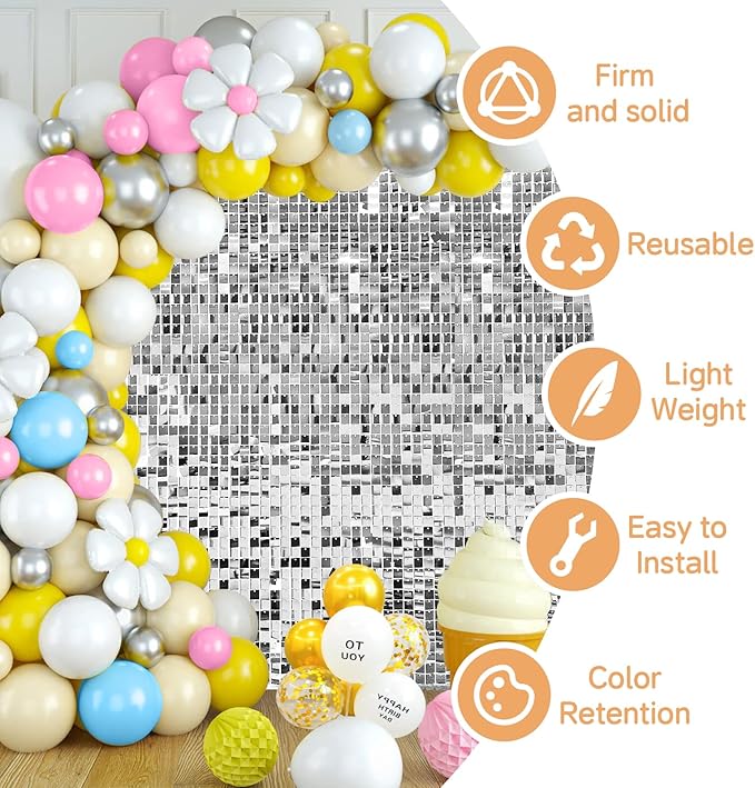 Silver Shimmer Wall Backdrop,Shiny Sequins,48 Pcs Sequins Backdrop Decoration Panels,Photo Background Decorations for Birthday Party Wedding Engagement Anniversary Graduation Baby Shower