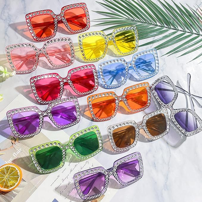 Pibupibu 12/24 Pack Fun Oversized Square Crystal Sunglasses for Women Bulk, Disco Rhinestone Sparkling Glasses Party Favors