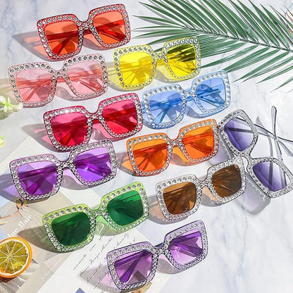 Pibupibu 12/24 Pack Fun Oversized Square Crystal Sunglasses for Women Bulk, Disco Rhinestone Sparkling Glasses Party Favors