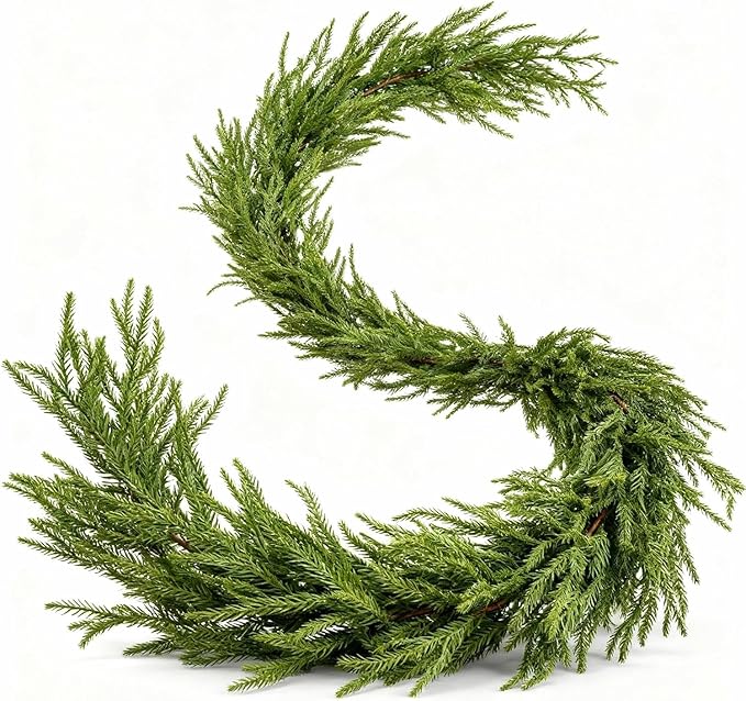1PCS 6FT Christmas Norfolk Garland Decorations, Faux Pine Garland Outdoor, Artificial Unlit Green Garlands, Christmas Mantel Decoration Indoor, Thick Greenery Xmas Decor in The Winter