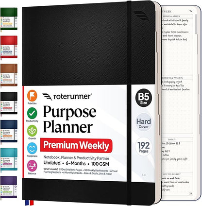 Purpose Planner Notebook B5 7.5”x9.8” Undated 2026 Daily Weekly and Monthly Productivity Goal Setting Tool for Work Home ADHD for Adults Self Care Journal