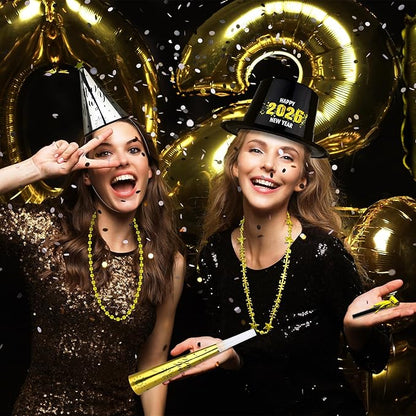 100PCS New Year's Party Supplies for 50 People - Headbands, Plastic Cardboard, 2026 Shiny Cone Hats, Horns, Fringed Blowouts - Gold, Silver, Black