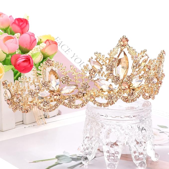 Gold Tiara for Women Champagne Crown for Girls with Comb Wedding Princess Birthday Crystal Rhinestones Headbands for Prom Bridal Party Halloween Costume Christmas Gift