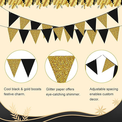 4Pcs Black Gold Glitter Triangle Flag, New Year 2026 Birthday Christmas Graduation Party Decor Banner, Black Gold Pennant Banner Paper Bunting Hanging Decor for New Year Holiday Party Supplies